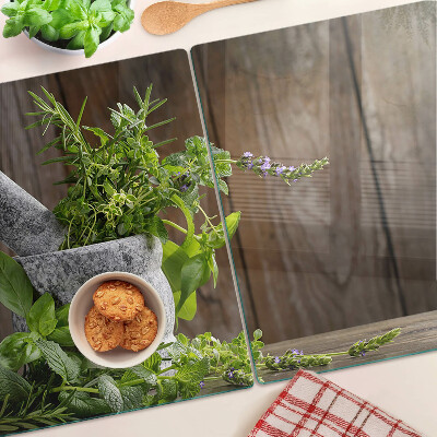 Chopping board glass Herbs in a pot