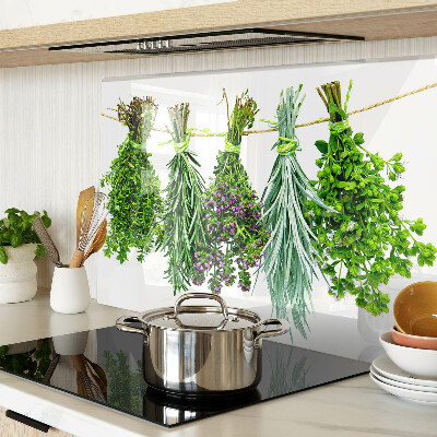 Chopping board Dried herbs on a string