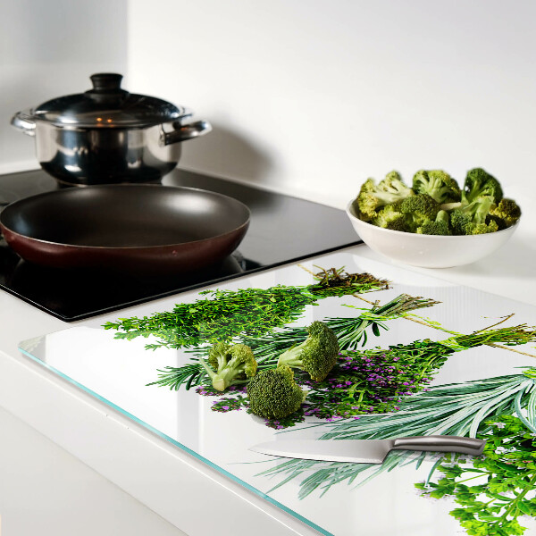 Chopping board Dried herbs on a string