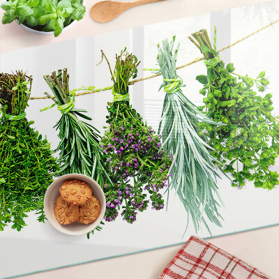 Chopping board Dried herbs on a string