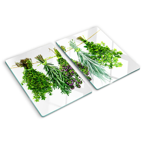 Chopping board Dried herbs on a string