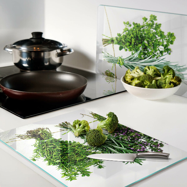 Chopping board Dried herbs on a string