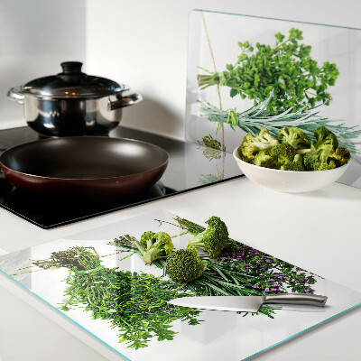 Chopping board Dried herbs on a string