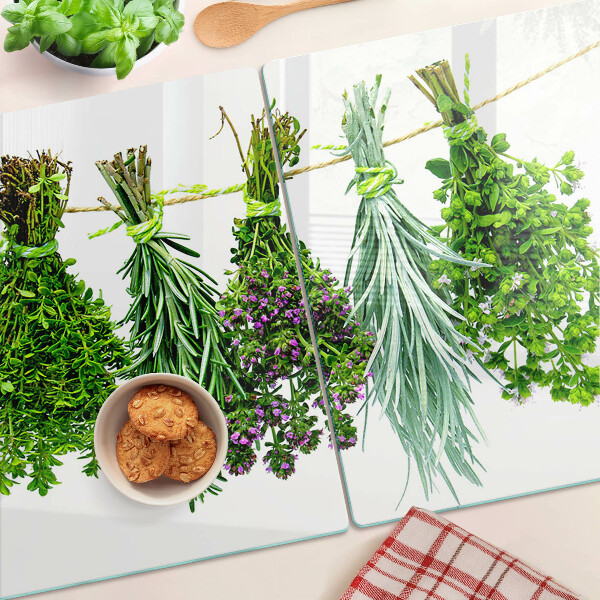 Chopping board Dried herbs on a string