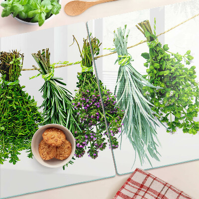 Chopping board Dried herbs on a string