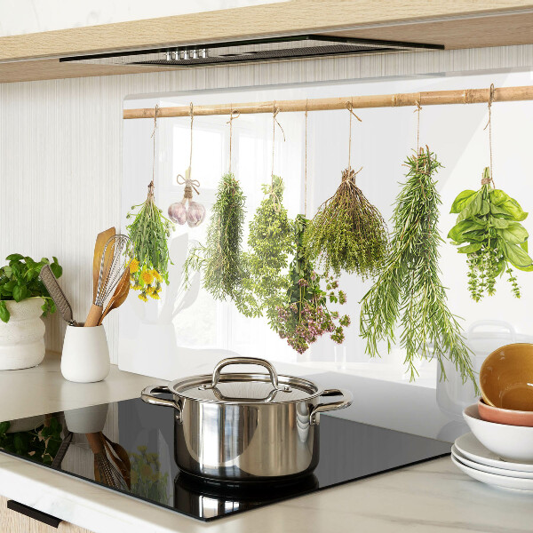 Glass kitchen board Herbs in hanging bunches