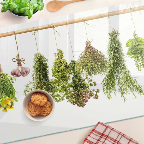 Glass kitchen board Herbs in hanging bunches