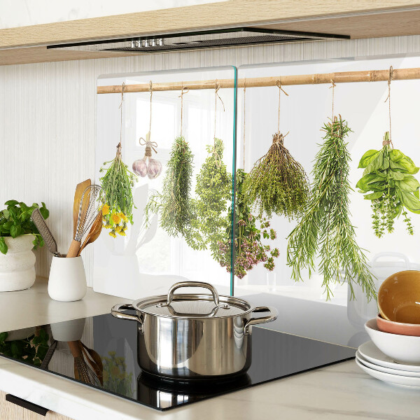 Glass kitchen board Herbs in hanging bunches