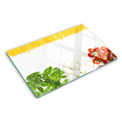 Chopping board glass Pasta with herbs and tomatoes