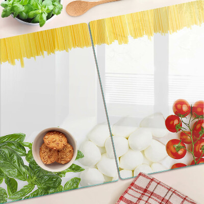 Chopping board glass Pasta with herbs and tomatoes