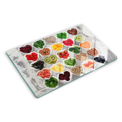 Glass chopping board Fruits and vegetables in hearts
