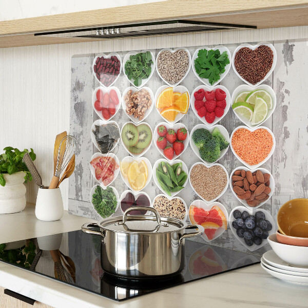 Glass chopping board Fruits and vegetables in hearts