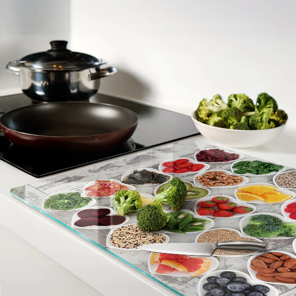 Glass chopping board Fruits and vegetables in hearts