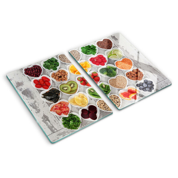 Glass chopping board Fruits and vegetables in hearts