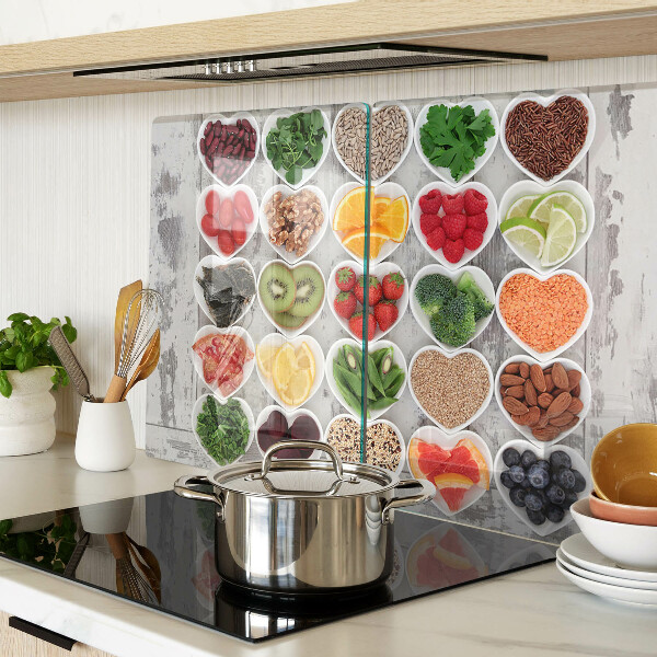 Glass chopping board Fruits and vegetables in hearts