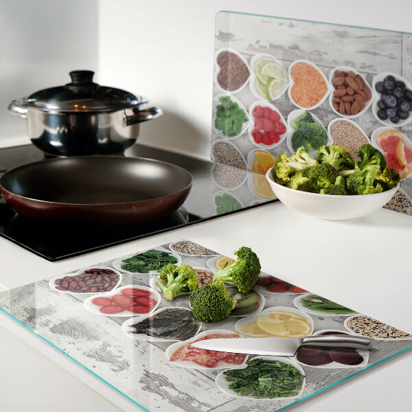 Glass chopping board Fruits and vegetables in hearts