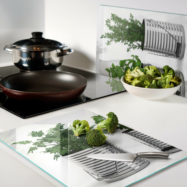 Glass kitchen board Plants in metal pots