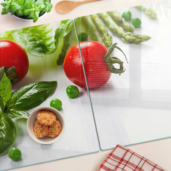 Cutting board Vegetables on a white countertop