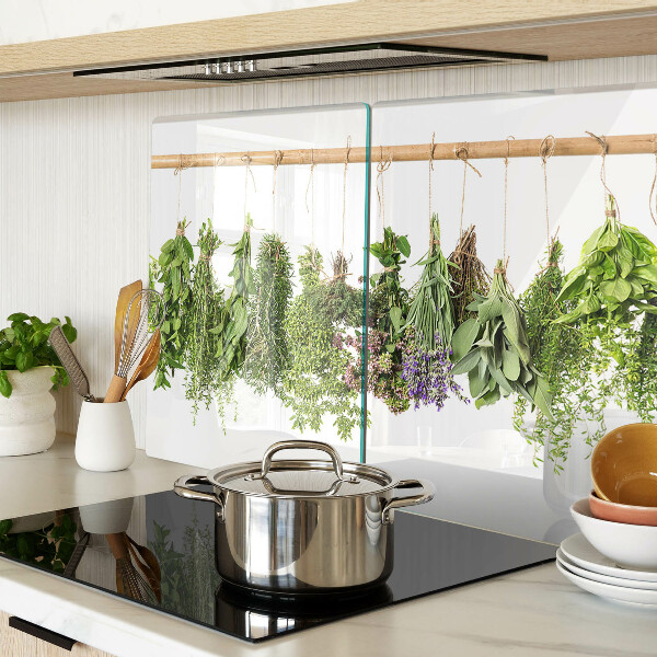Glass chopping board Dried herbs on a string