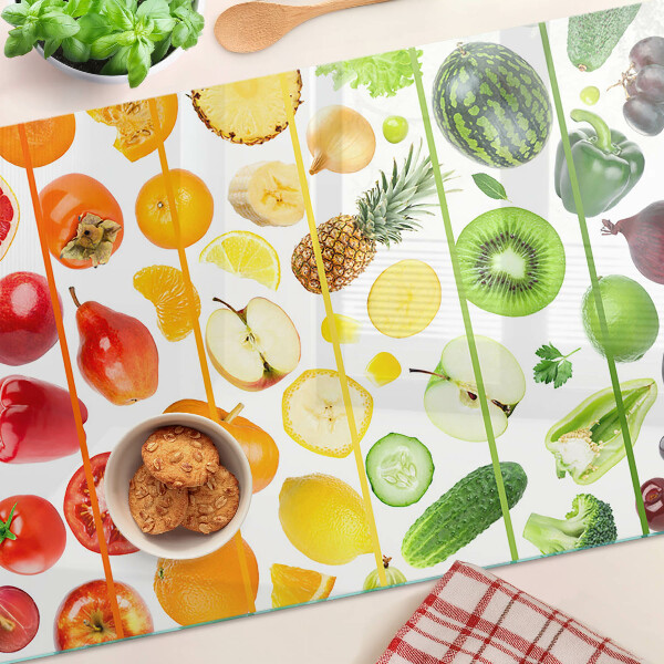 Glass chopping board Fruits and vegetables in rainbow colors