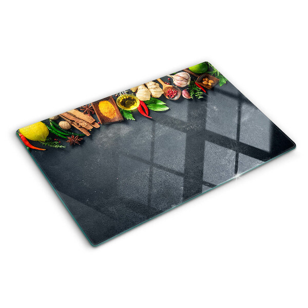 Glass kitchen board Kitchen spices and ingredients