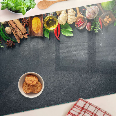 Glass kitchen board Kitchen spices and ingredients