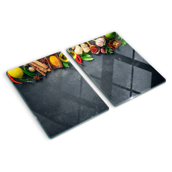Glass kitchen board Kitchen spices and ingredients