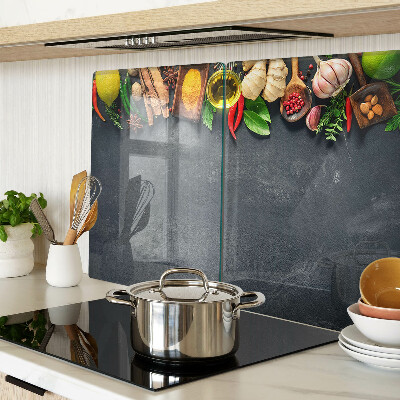 Glass kitchen board Kitchen spices and ingredients