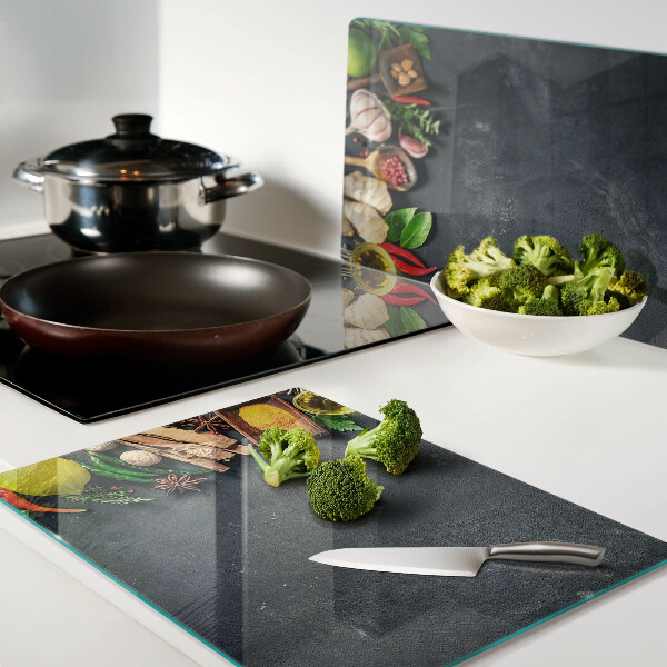 Glass kitchen board Kitchen spices and ingredients
