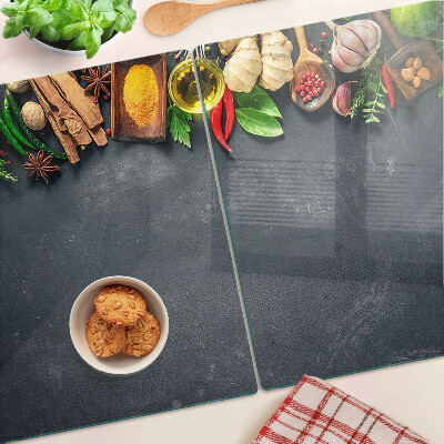 Glass kitchen board Kitchen spices and ingredients