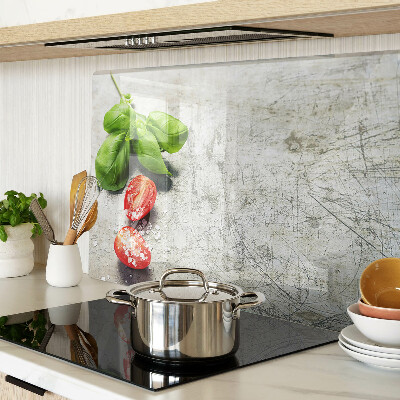 Glass chopping board Tomatoes with basil and salt