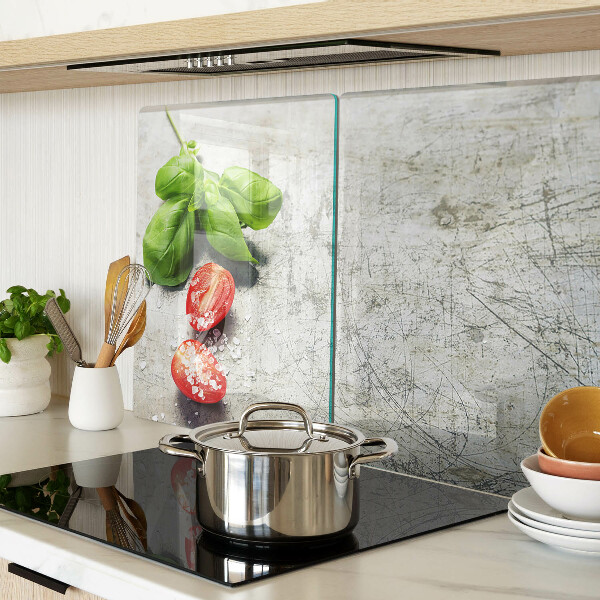 Glass chopping board Tomatoes with basil and salt