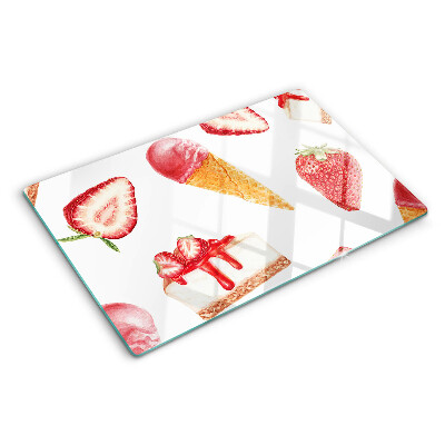 Chopping board glass Ice cream and strawberries