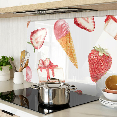 Chopping board glass Ice cream and strawberries