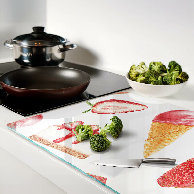Chopping board glass Ice cream and strawberries
