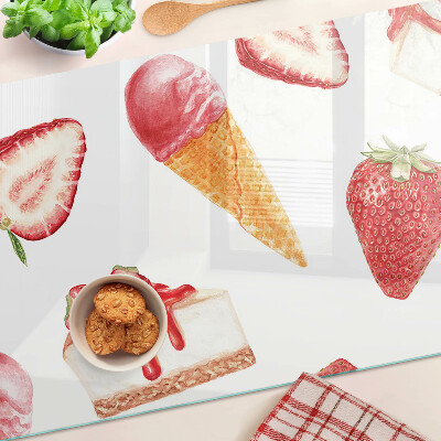 Chopping board glass Ice cream and strawberries