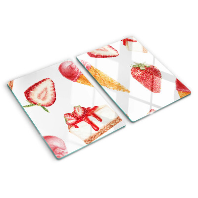 Chopping board glass Ice cream and strawberries