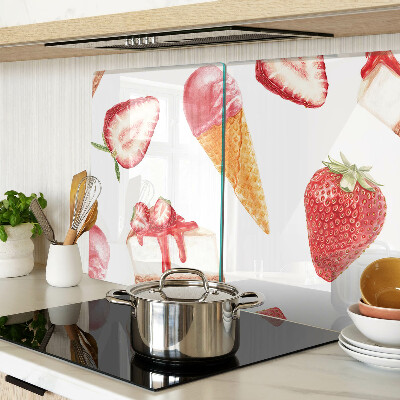 Chopping board glass Ice cream and strawberries