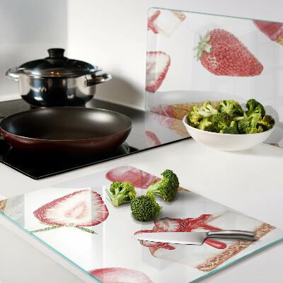 Chopping board glass Ice cream and strawberries