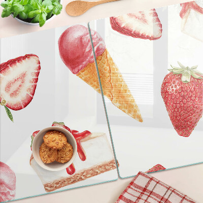 Chopping board glass Ice cream and strawberries
