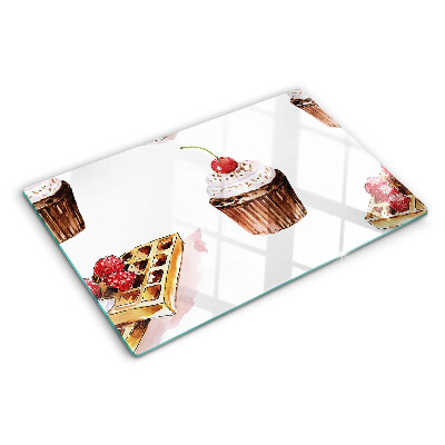 Cutting board Waffles and cupcakes with cherries