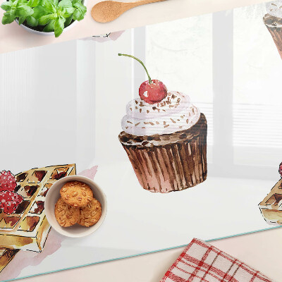 Cutting board Waffles and cupcakes with cherries
