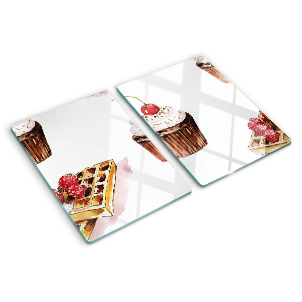 Cutting board Waffles and cupcakes with cherries