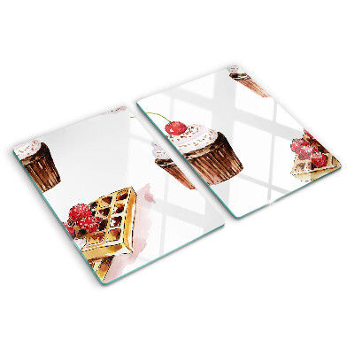 Cutting board Waffles and cupcakes with cherries