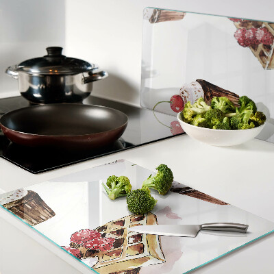 Cutting board Waffles and cupcakes with cherries