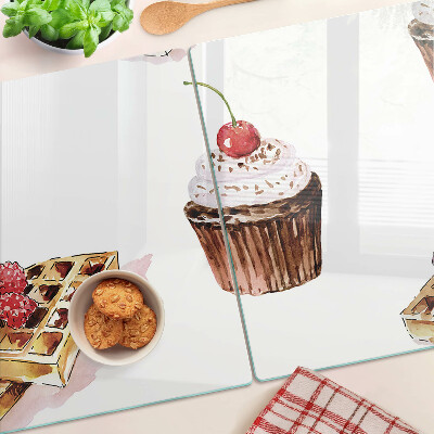 Cutting board Waffles and cupcakes with cherries