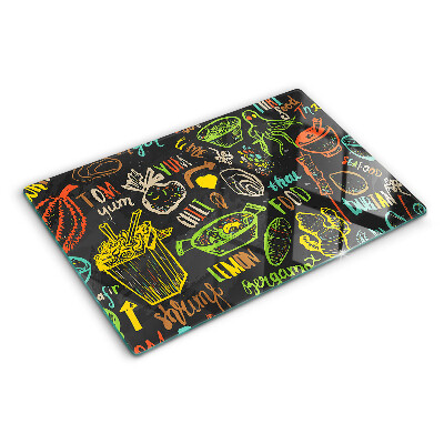Glass chopping board Culinary theme with food