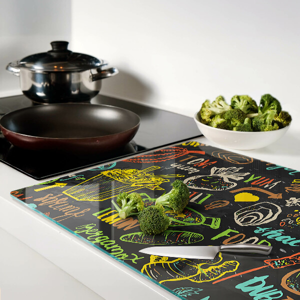 Glass chopping board Culinary theme with food