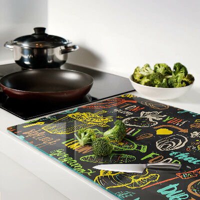 Glass chopping board Culinary theme with food