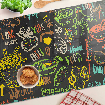 Glass chopping board Culinary theme with food